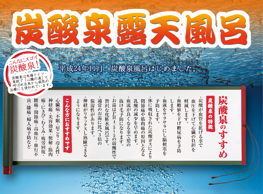 ・炭酸が血管を拡げる事で
  血圧を下げて心臓の負担を
  軽減します。
・血糖値を下げ糖尿病を予防
  します。
・血液をサラサラにし脳梗塞を
  予防します。
・体に吸収された炭酸ガスにより
  関節痛や筋肉痛の原因となる
  乳酸の減少を早めます。
・血流が良くなる事で髪の
  抜け毛予防になります。
・お湯はＰＨ4.5?5の弱酸性で
  贅沢な化粧水風呂です。
・通常のお湯に比べ3倍の
  保湿性があります。
・神経がリラックスし熟睡できる
  ようになります。